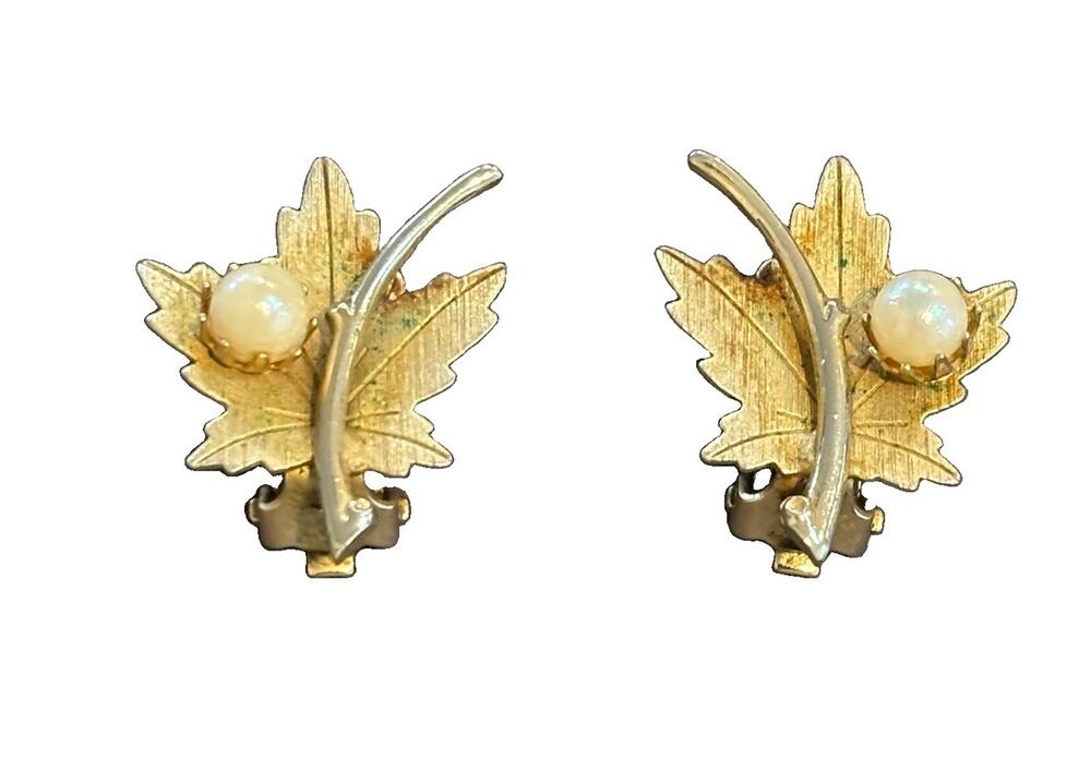 1960s Sarah Coventry Whispering Leaf Faux Pearl Gold Tone Satin Clip On Earrings